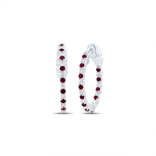 14K White Gold 1/4 Ctw Diamond 1/3 Ctw Round Ruby Natural Gem Hoop Earring