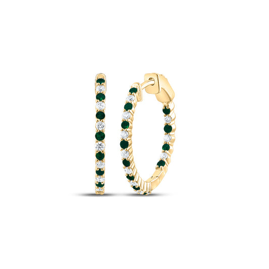 14kt Yellow Gold 1/2 Cttw Natural Diamond and 1/2 Cttw Round Emerald Natural Gem Hoop Earring