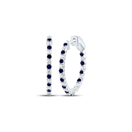 14kt White Gold 1/2 Cttw Natural Diamond and 1/2 Cttw Round Blue Sapphire Natural Gem Hoop Earring