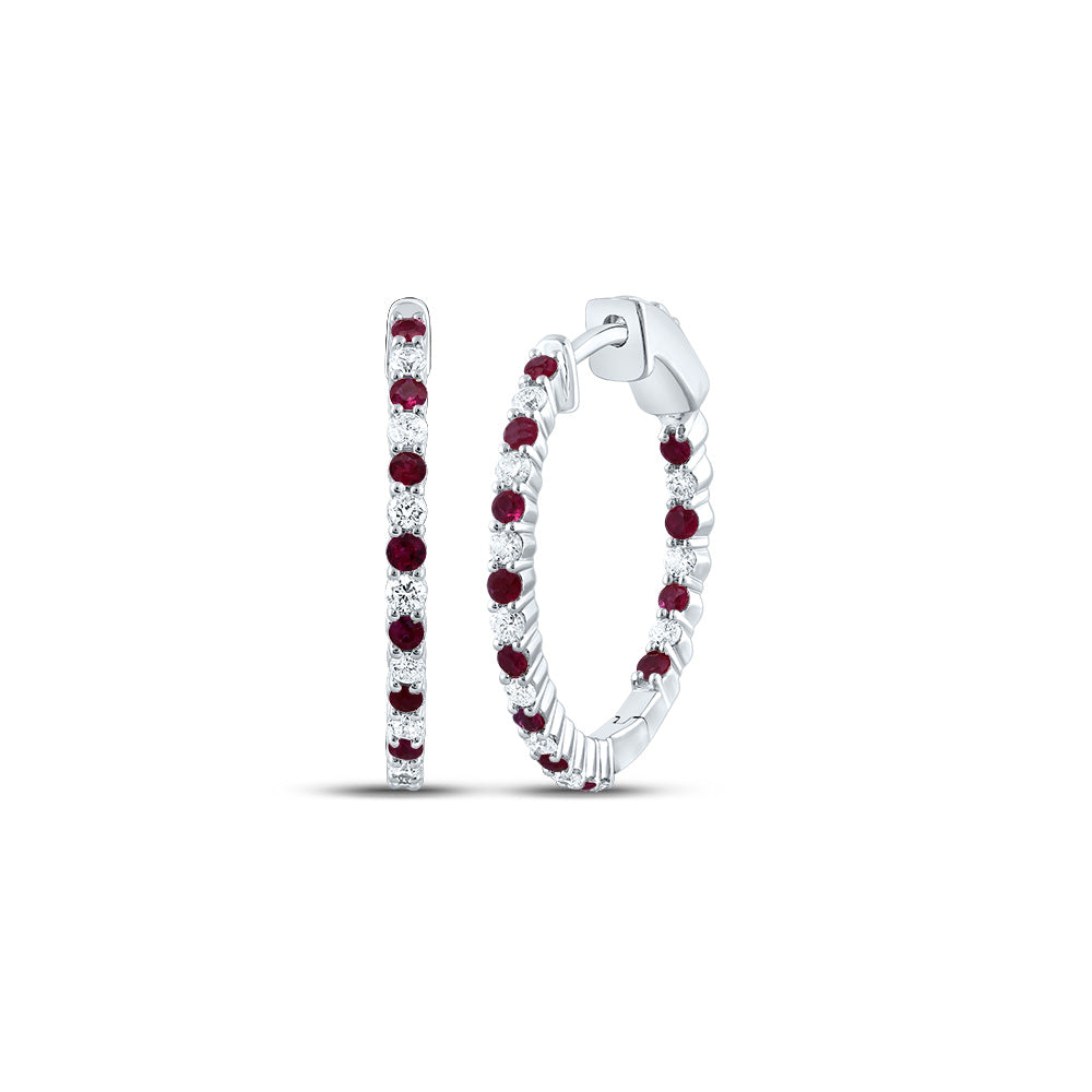 14kt White Gold 1/2 Cttw Natural Diamond and 1/2 Cttw Round Ruby Natural Gem Hoop Earring