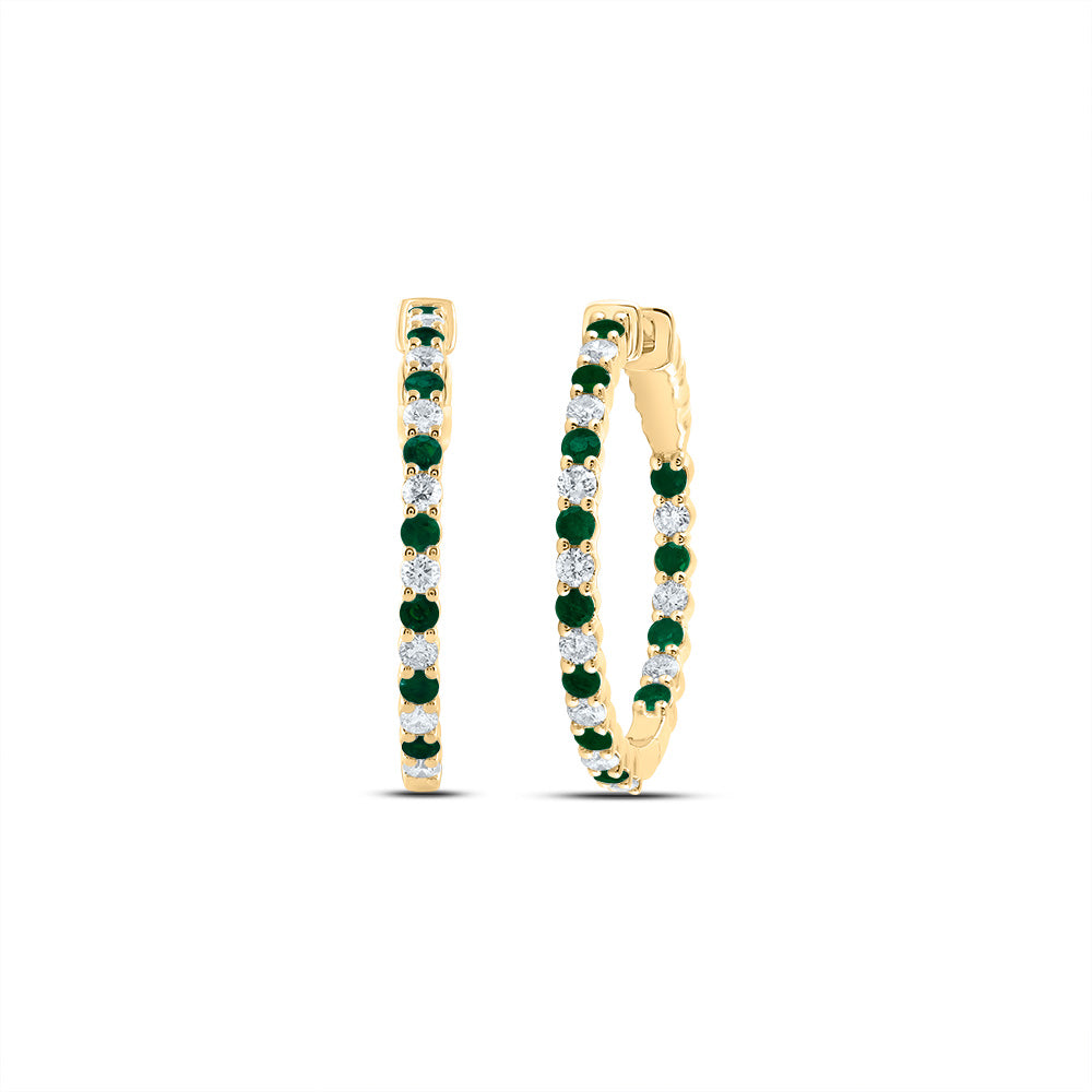14kt Yellow Gold 7/8 Cttw Natural Diamond and 1 Cttw Round Emerald Natural Gem Hoop Earring