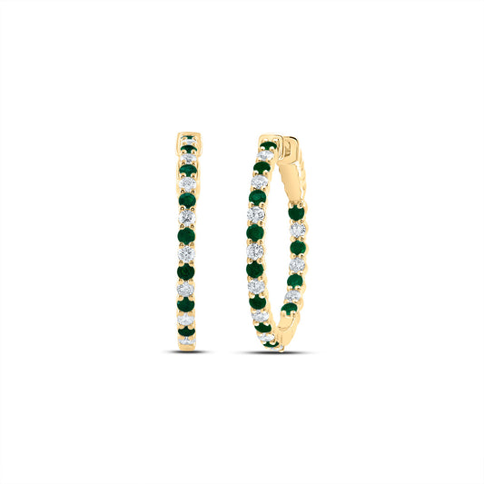 14kt Yellow Gold 7/8 Cttw Natural Diamond and 1 Cttw Round Emerald Natural Gem Hoop Earring