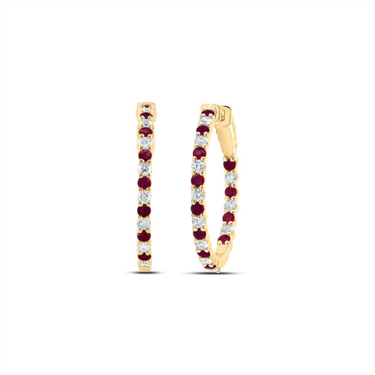 14kt Yellow Gold 7/8 Cttw Natural Diamond and 1 1/3 Cttw Round Ruby Natural Gem Hoop Earring