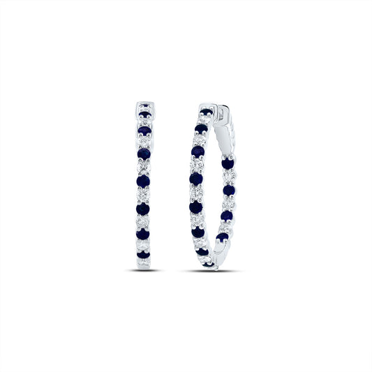14kt White Gold 7/8 Cttw Natural Diamond and 1 3/8 Cttw Round Blue Sapphire Natural Gem Hoop Earring