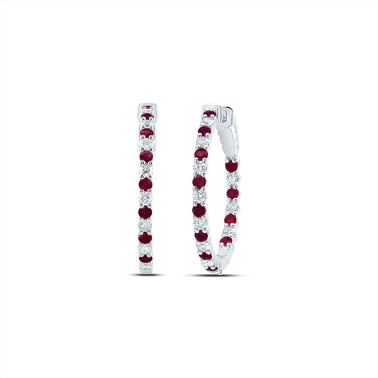 14kt White Gold 7/8 Cttw Natural Diamond and 1 1/3 Cttw Round Ruby Natural Gem Hoop Earring