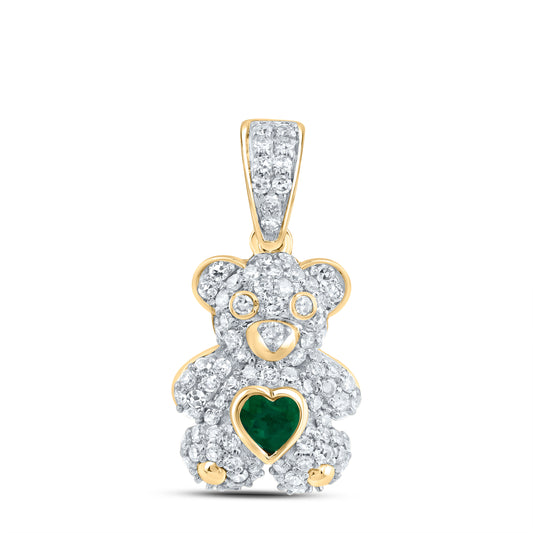 10kt Yellow Gold 1/3 Cttw Natural Diamond 3x3mm  Heart Emerald Natural Gem Heart Teddy Bear Pendant
