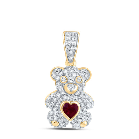 10kt Yellow Gold 1/3 Cttw Natural Diamond 3x3mm Hs Ruby Natural Gem Heart Teddy Bear Pendant