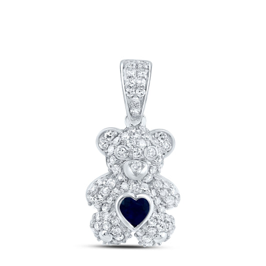 10kt White Gold 1/3 Cttw Diamond 3x3mm Hs Blue Sapphire Natural Gem Heart Teddy Bear Pendant