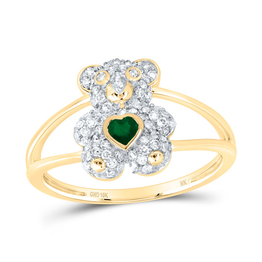 10kt Yellow Gold 1/3 Cttw Natural Diamond 3x3mm  Heart Emerald Natural Gem Heart Teddy Bear Wedding Engagement Anniversary Ring, Women Size: 5-9