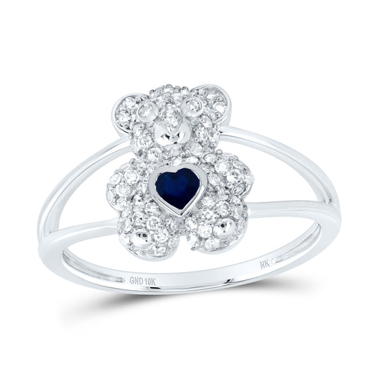 10kt White Gold 1/3 Cttw Natural Diamond 3x3mm Hs Blue Sapphire Natural Gem Heart Teddy Bear Wedding Engagement Anniversary Ring, Women Size: 5-9