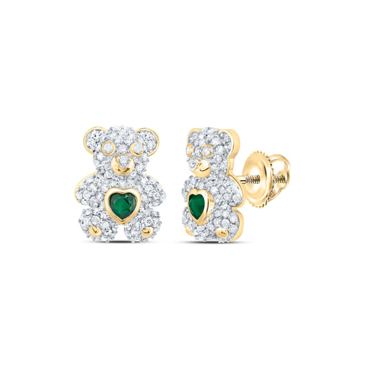 10kt Yellow Or White Gold Natural Diamond 3x3mm Hs Emerald Natural Gem Heart Teddy Bear Earring