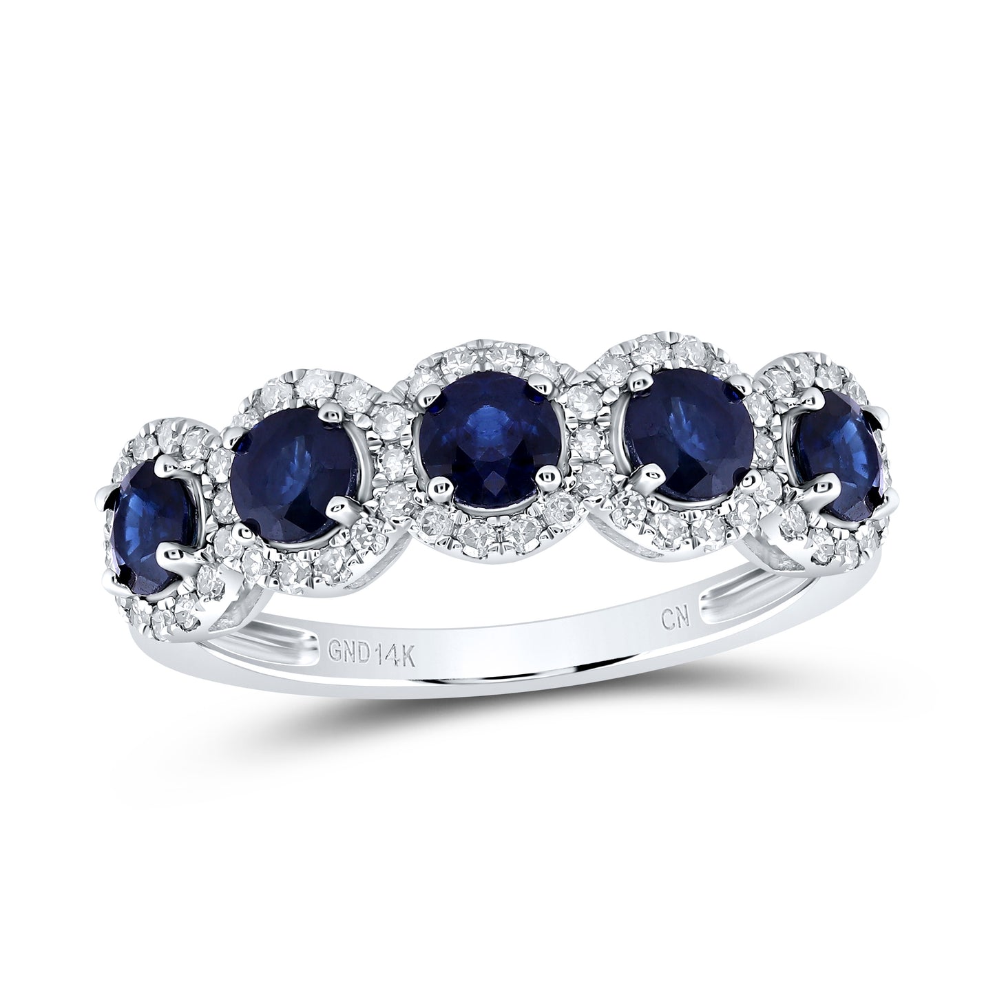 14K White Gold 1/4 Cttw Natural Diamond Cn 1 1/5 Cttw Round Blue Sapphire Natural Gem Anniversary Band