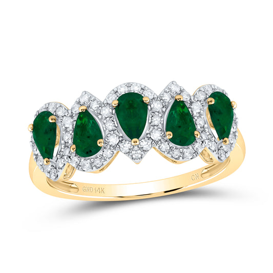 14kt Yellow Gold 1/4 Cttw Natural Diamond and 1 Cttw Pear Emerald Natural Gem Wedding Engagement Anniversary Band, Women Size: 5-9