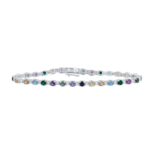 14kt White Gold 1 Cttw Natural Diamond Ana M and 3 3/4 Cttw Round Natural Gem Multicolor Sapphire Bracelet, Length: 7 Inch