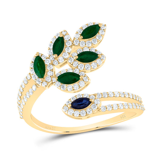 14kt Yellow Gold 1/2 Cttw Natural Diamond Ana M 3/8 Cttw Mq-em, 1/10 Cttw-mq Blue Sapphire Natural Wedding Engagement Anniversary Gem Ring, Women Size: 5-9