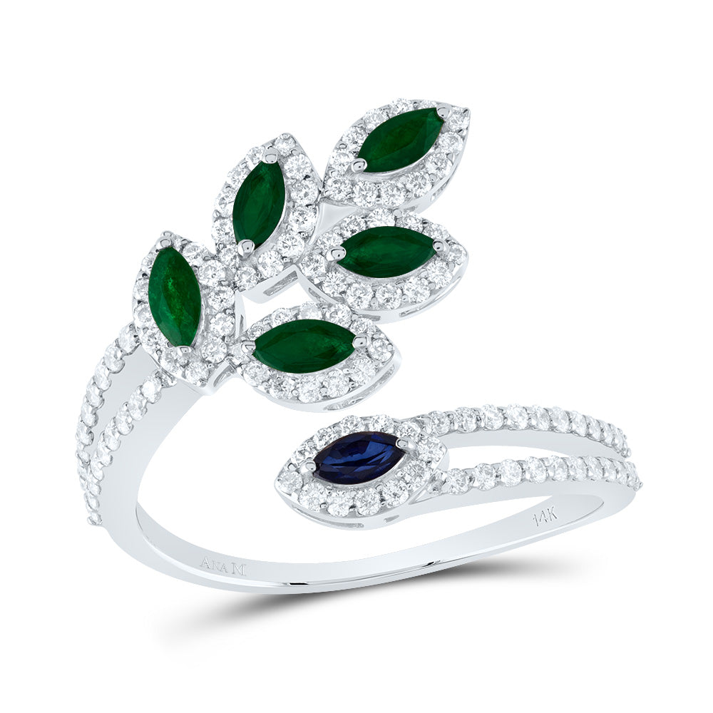 14kt White Gold 1/2 Cttw Natural Diamond Ana M 3/8 Cttw Mq-em, 1/10 Cttw-mq Blue Sapphire Natural Wedding Engagement Anniversary Gem Ring, Women Size: 5-9
