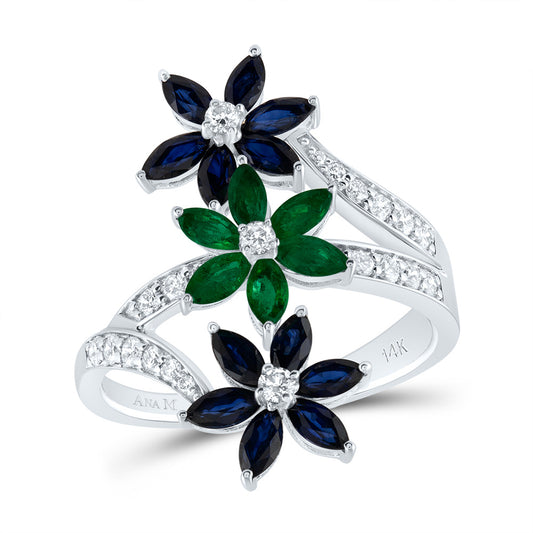 14kt White Gold 1/3 Cttw Natural Diamond Ana M 3/8 Cttw Mq-em, 1 Cttw Mq Blue Sapphire Natural Wedding Engagement Anniversary Gem Ring, Women Size: 5-9