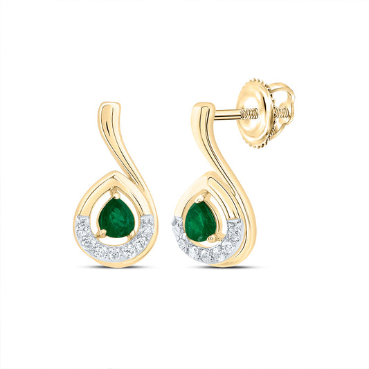 14kt Yellow Gold 1/20 Cttw Natural Diamond 3x2.6mm Pear Emerald Natural Gem Fashion Earring