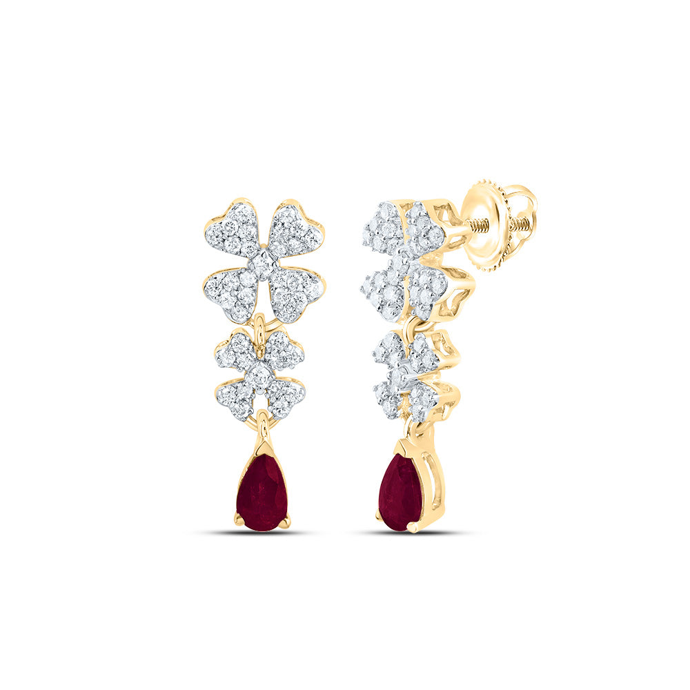 14K Yellow Gold 3/8Ctw Natural Diamond Cn 5X3Mm Pear Ruby Natural Gem Fashion Flower Earring