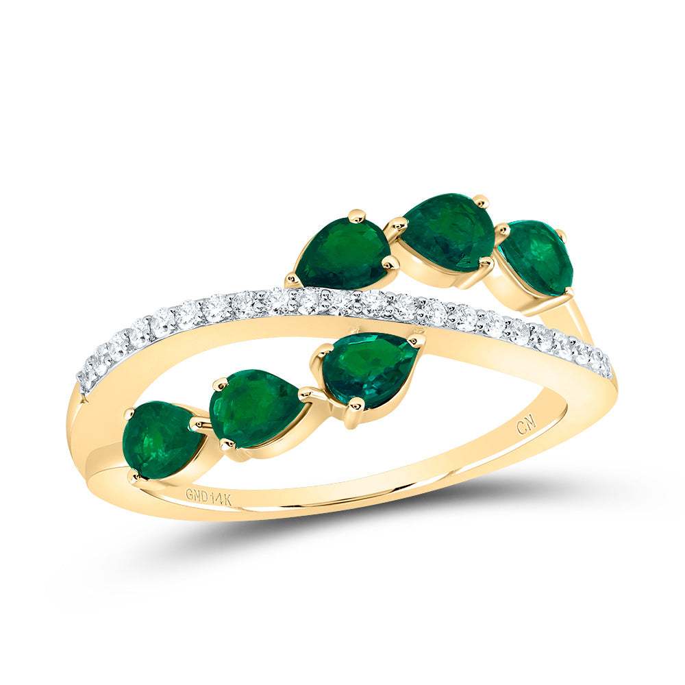 14kt Yellow Gold 1/8 Cttw Natural Diamond 3/4 Cttw Pear Emerald Natural Gem Bridal Wedding Engagement Anniversary Ring, Women Size: 5-9