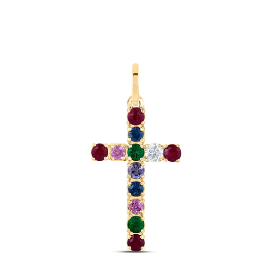 14kt Yellow Gold 1/20 Cttw Natural Diamond 3/8 Cttw Round Natural Gem Multicolor Sapphire Cross Pendant