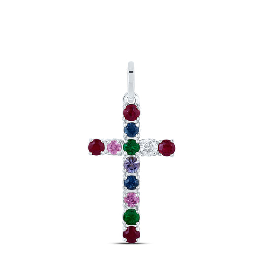14kt White Gold 1/20 Cttw Natural Diamond 3/8 Cttw Round Natural Gem Multicolor Sapphire Cross Pendant