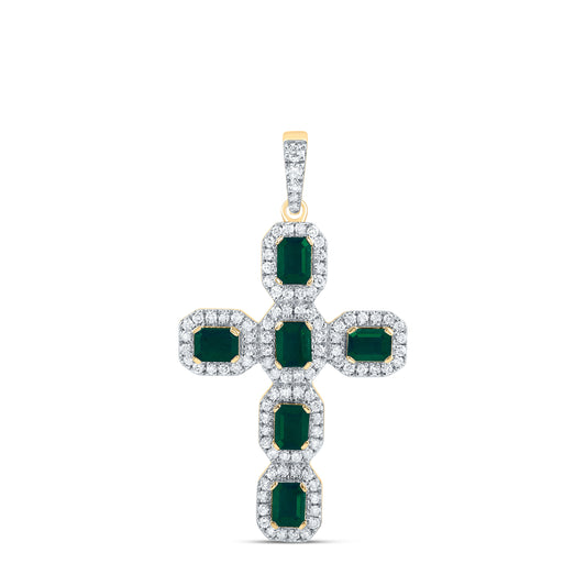 14kt Yellow Gold 1/2 Cttw Natural Diamond and 1 1/4 Cttw Emerald Shape Emerald Natural Gem Cross Pendant