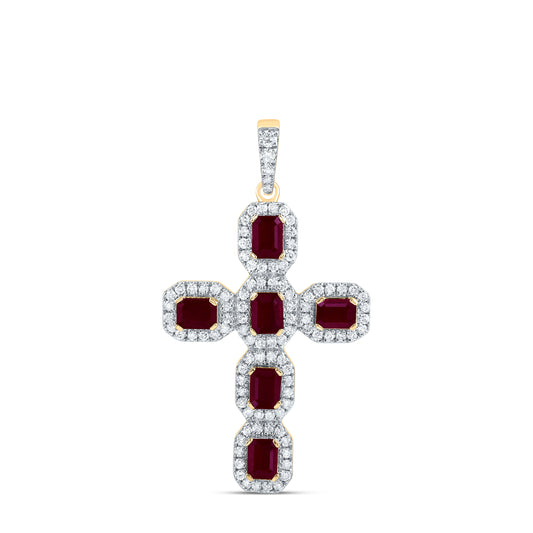 14kt Yellow Gold 1/2 Cttw Natural Diamond and 1 Cttw-em Ruby Natural Gem Cross Pendant