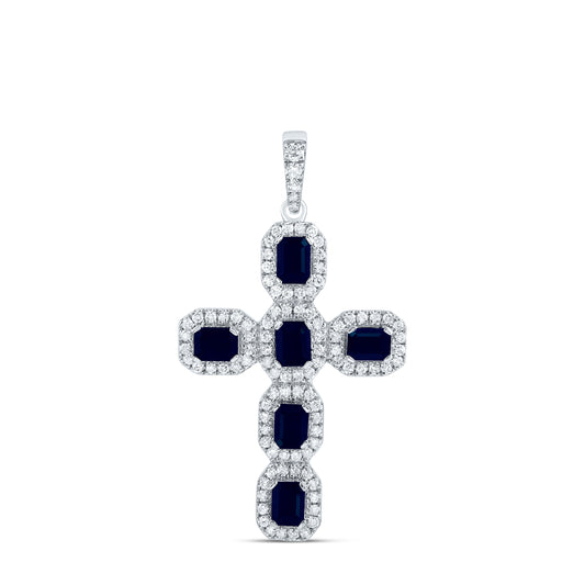 14kt White Gold 1/2 Cttw Natural Diamond and 1 5/8 Cttw-em Blue Sapphire Natural Gem Cross Pendant