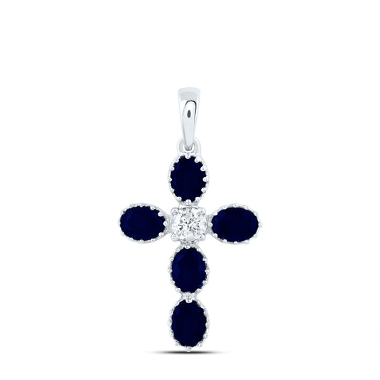 14kt White Gold 1/10 Cttw Natural Diamond and 1 Cttw Oval Blue Sapphire Natural Gem Cross Pendant