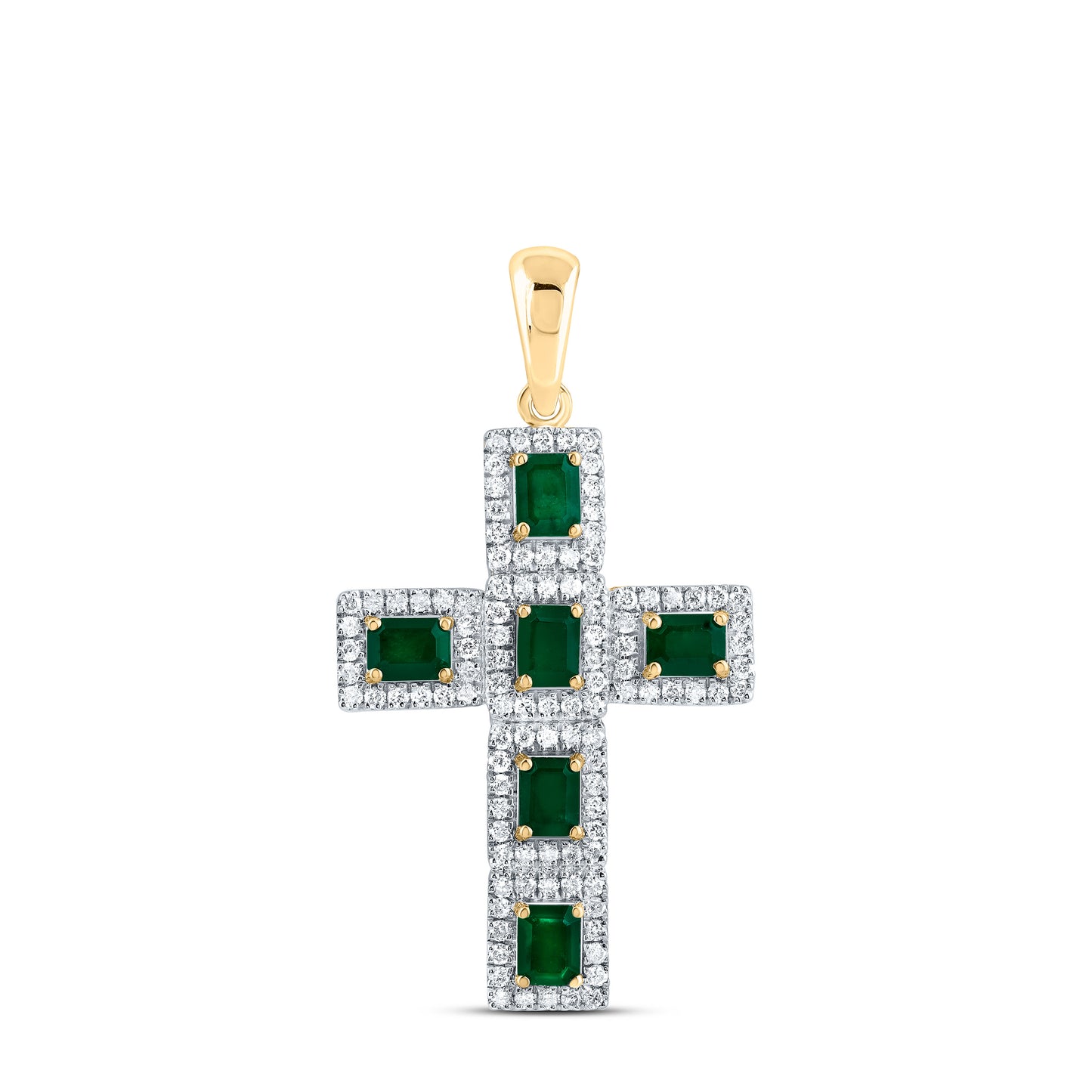 14kt Yellow Gold 1/2 Cttw Natural Diamond and 1 1/4 Cttw Emerald Shape Emerald Natural Gem Cross Pendant