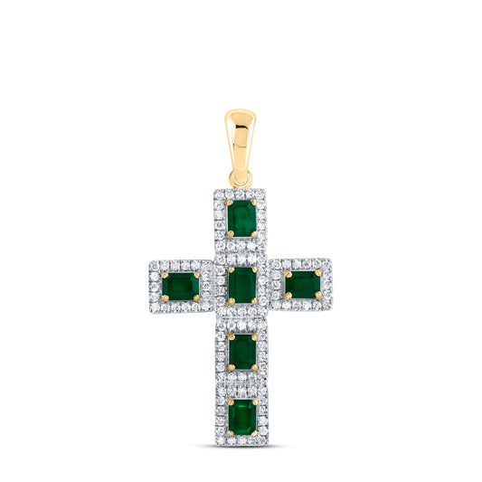 14kt Yellow Gold 1/2 Cttw Natural Diamond and 1 1/4 Cttw Emerald Shape Emerald Natural Gem Cross Pendant