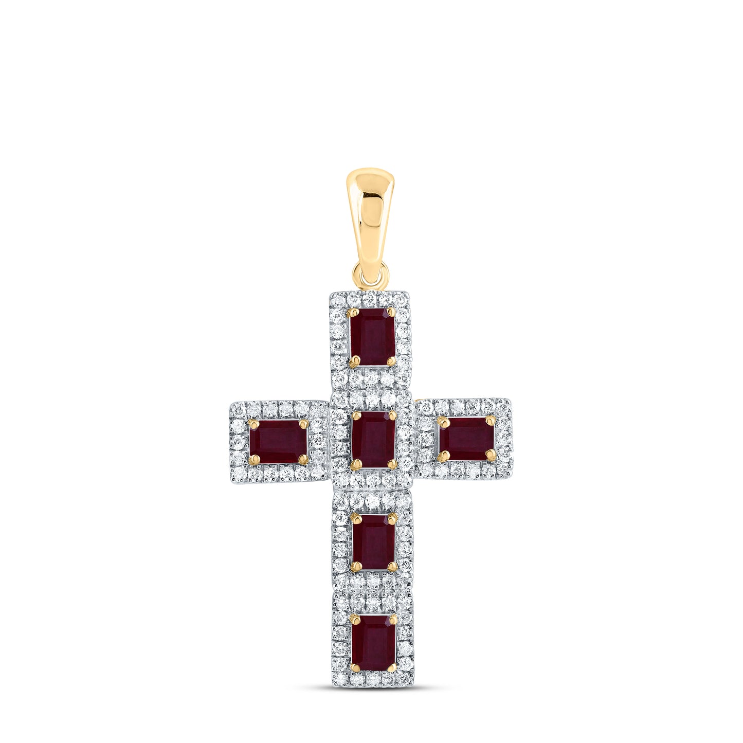 14K Yellow Gold 1/2Ctw Natural Diamond Cn 1Ct Emerald Ruby Natural Gem Cross Pendant
