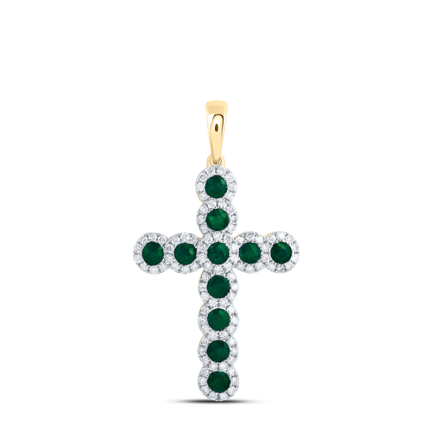 14kt Yellow Gold 1/2 Cttw Natural Diamond 3/4 Cttw Round Emerald Natural Gem Cross Pendant