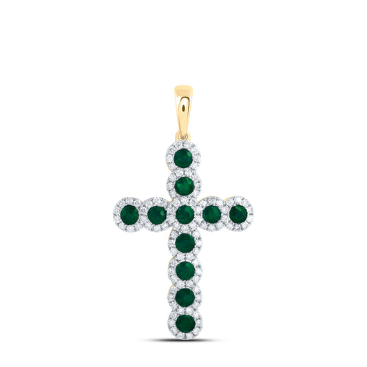 14kt Yellow Gold 1/2 Cttw Natural Diamond 3/4 Cttw Round Emerald Natural Gem Cross Pendant
