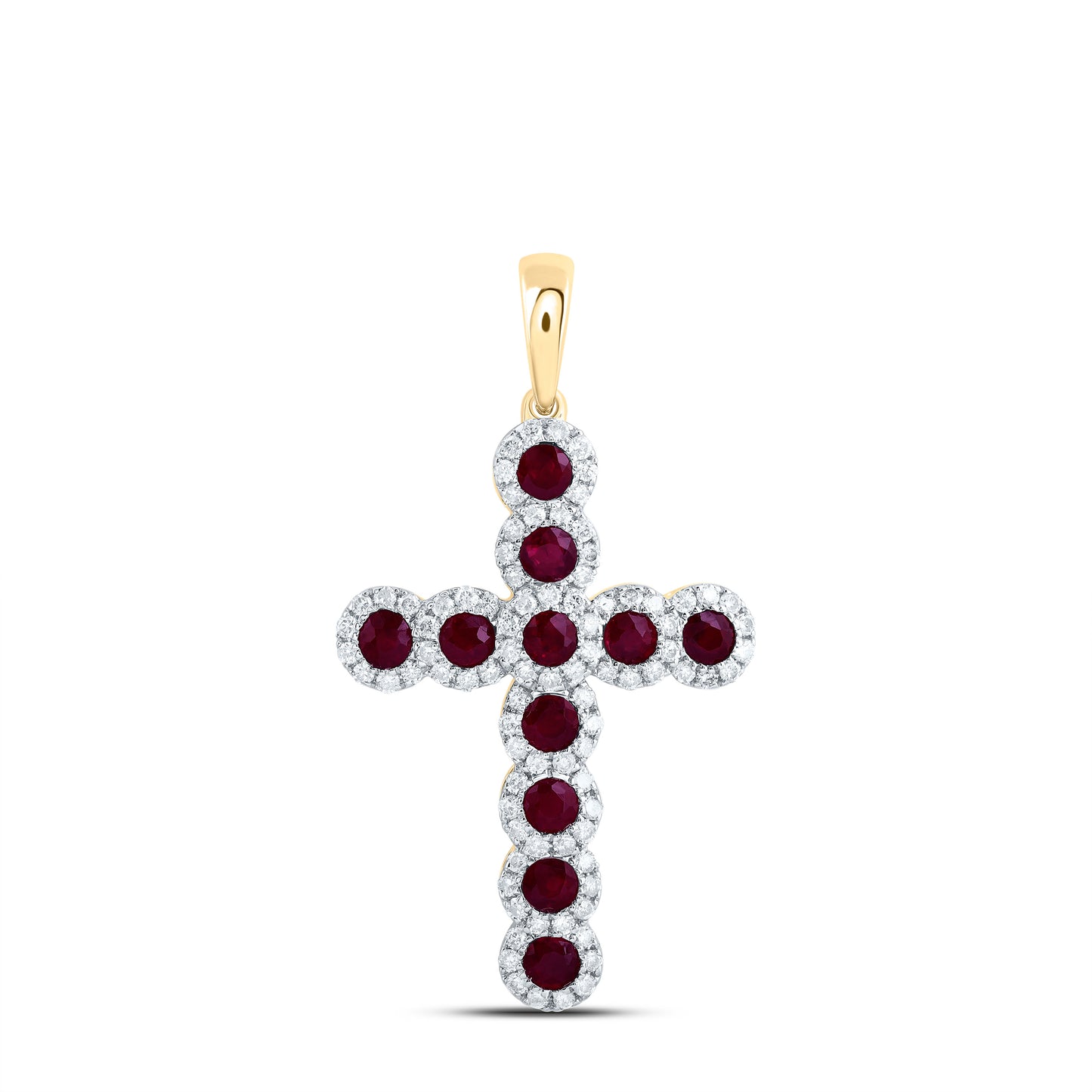 14kt Yellow Gold 1/2 Cttw Natural Diamond and 1 1/5 Cttw Round Ruby Natural Gem Cross Pendant