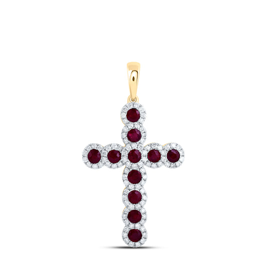 14kt Yellow Gold 1/2 Cttw Natural Diamond and 1 1/5 Cttw Round Ruby Natural Gem Cross Pendant
