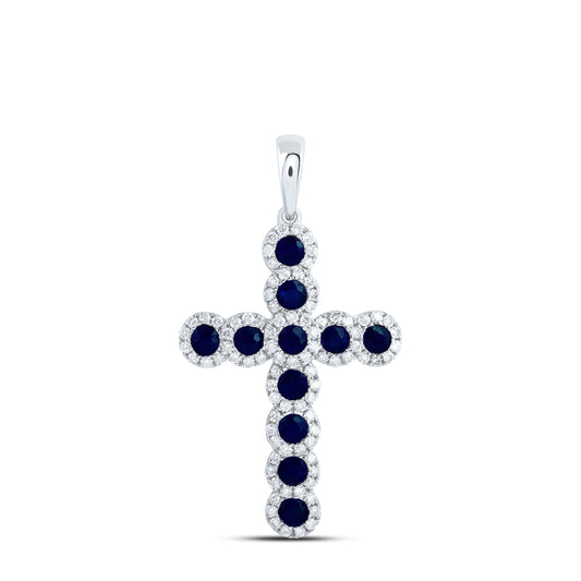 14kt White Gold 1/2 Cttw Natural Diamond and 1 Cttw Round Blue Sapphire Natural Gem Cross Pendant
