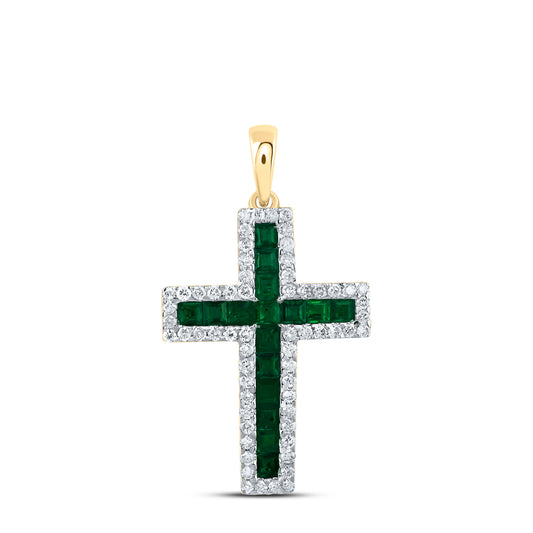 14kt Yellow Gold 1/3 Cttw Natural Diamond and 1 Cttw- Pr Emerald Natural Gem Cross Pendant