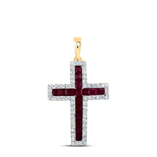 14kt Yellow Gold 1/3 Cttw Natural Diamond 7/8 Cttw- Pr Ruby Natural Gem Cross Pendant