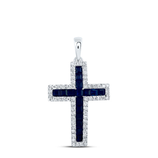 14kt White Gold 1/3 Cttw Natural Diamond and 1 Cttw- Pr Blue Sapphire Natural Gem Cross Pendant