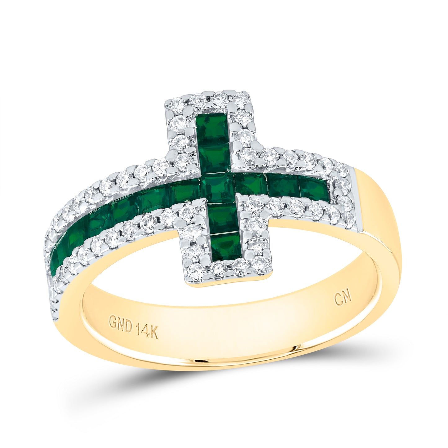 14kt Yellow Gold 1/3 Cttw Natural Diamond 7/8 Cttw- Pr Emerald Natural Gem Wedding Engagement Anniversary Cross Ring, Women Size: 5-9