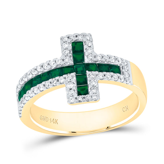 14kt Yellow Gold 1/3 Cttw Natural Diamond 7/8 Cttw- Pr Emerald Natural Gem Wedding Engagement Anniversary Cross Ring, Women Size: 5-9