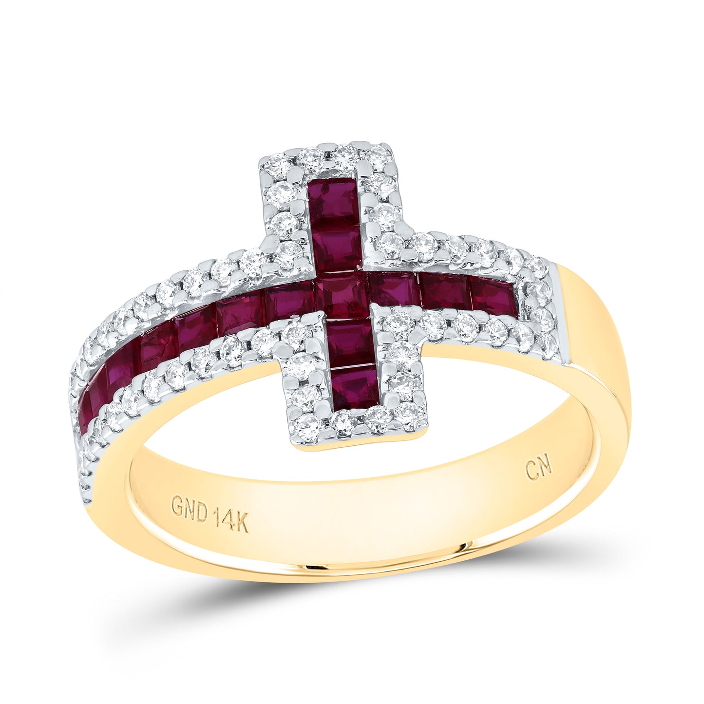 14kt Yellow Gold 1/3 Cttw Natural Diamond 3/4 Cttw- Pr Ruby Natural Gem Wedding Engagement Anniversary Cross Ring, Women Size: 5-9