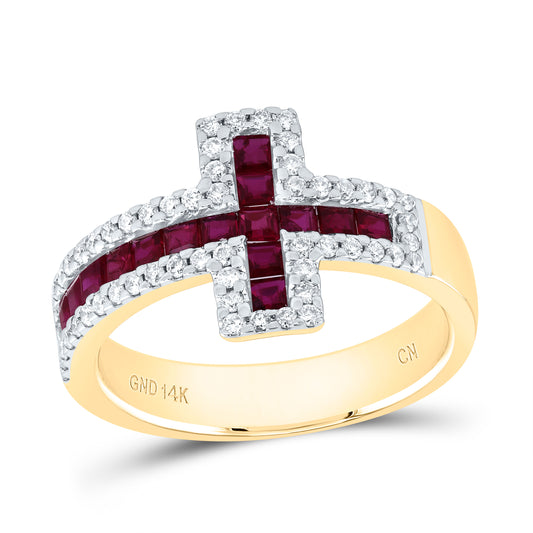 14kt Yellow Gold 1/3 Cttw Natural Diamond 3/4 Cttw- Pr Ruby Natural Gem Wedding Engagement Anniversary Cross Ring, Women Size: 5-9