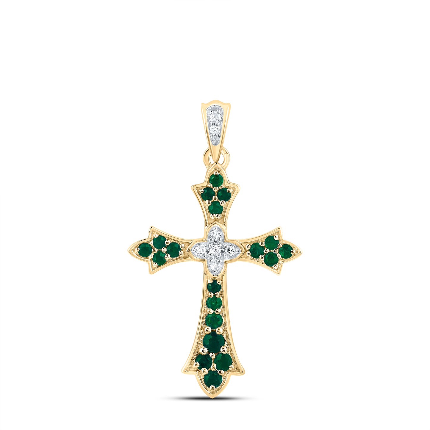 14kt Yellow Gold 1/20 Cttw Natural Diamond and 1/4 Cttw Round Emerald Natural Gem Cross Pendant
