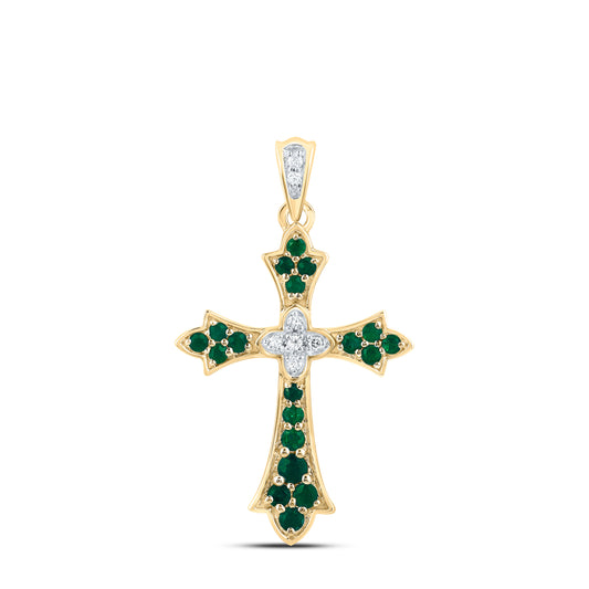 14kt Yellow Gold 1/20 Cttw Natural Diamond and 1/4 Cttw Round Emerald Natural Gem Cross Pendant