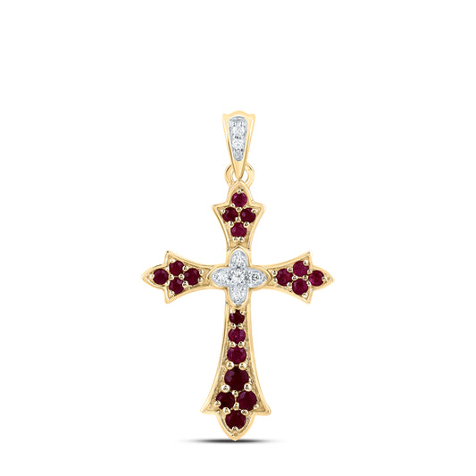 14kt Yellow Or White Gold Natural Diamond and Round Ruby Natural Gem Cross Pendant