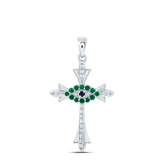 14kt White Gold 1/10 Cttw Natural Diamond and 1/10 Cttw Round Blue Sapphire, 0.015 Cttw Round Emerald Natural Gem Cross Pendant