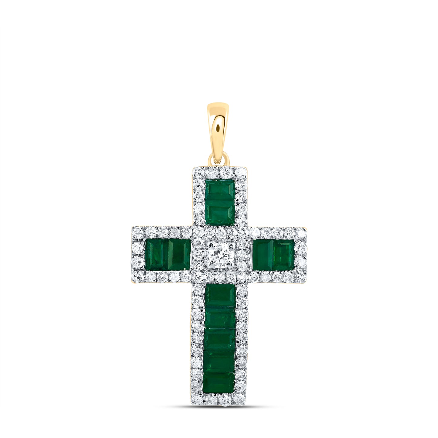 14kt Yellow Gold 1/2 Cttw Natural Diamond 7/8 Cttw-bag Emerald Natural Gem Cross Pendant
